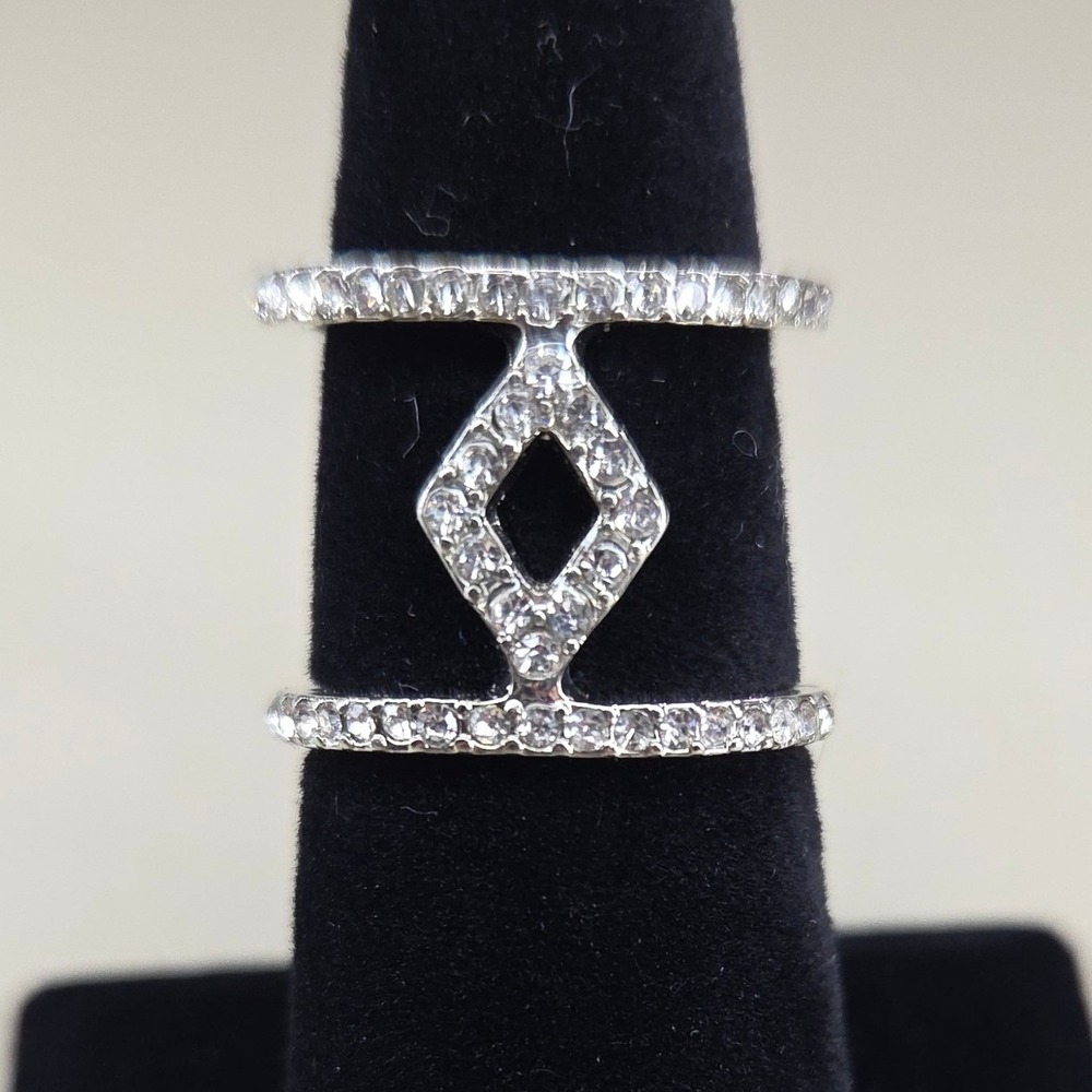 Silver Tone Pave Crystal Double Band Geometric Diamond Cage Ring Size 7